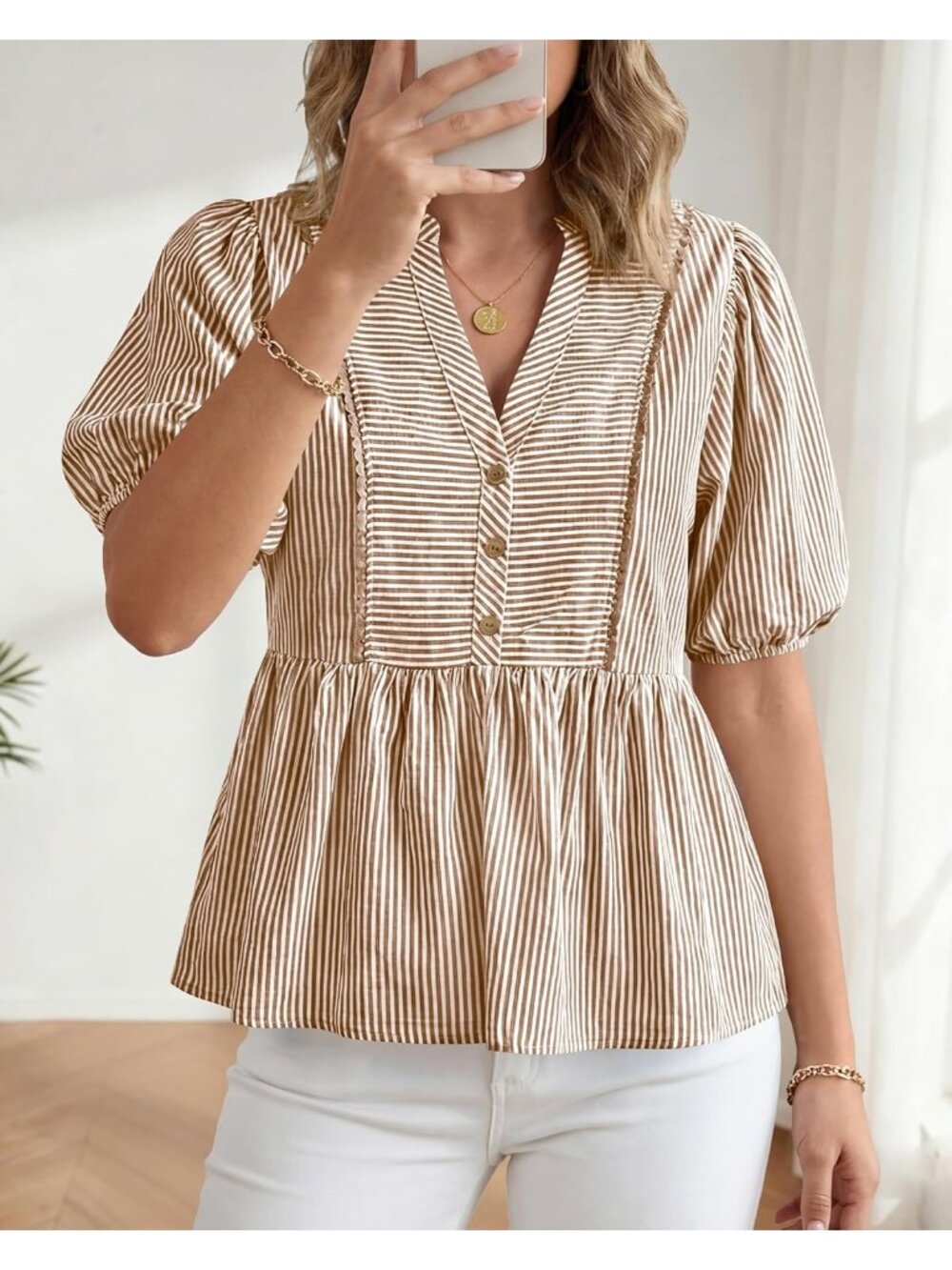 Women's Summer Tops Brown Lantern Short Sleeve V Neck Button Peplum Shirts - Picture 2 of 6